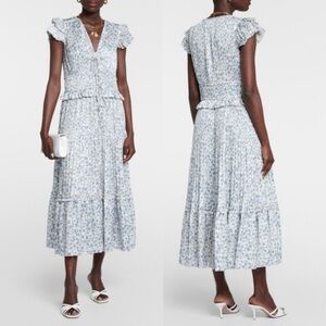 Polo Ralph Lauren Olea Floral Plisse Satin Blue White Floral Pleated Midi Dress